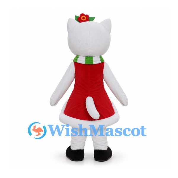 White Cat Mascot Costume with Red Christmas Dress and Green Scarf