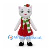 White Cat Mascot Costume with Red Christmas Dress and Green Scarf