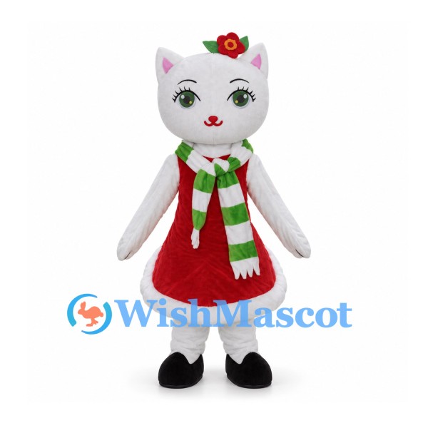 White Cat Mascot Costume with Red Christmas Dress and Green Scarf