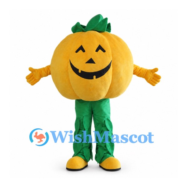 Pumpkin Mascot Costume with Green Legs and Leaf Top