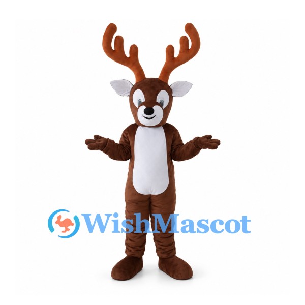 Brown Reindeer Mascot Costume with White Belly and Large Antlers