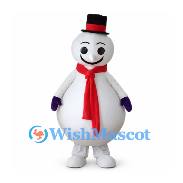 Snowman Mascot Costume with Red Scarf and Black Top Hat