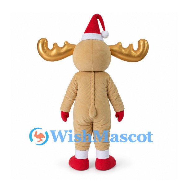 Moose Mascot Costume with Santa Hat and Green Scarf