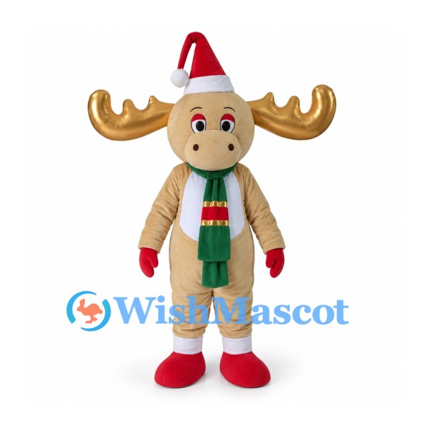 Moose Mascot Costume with Santa Hat and Green Scarf