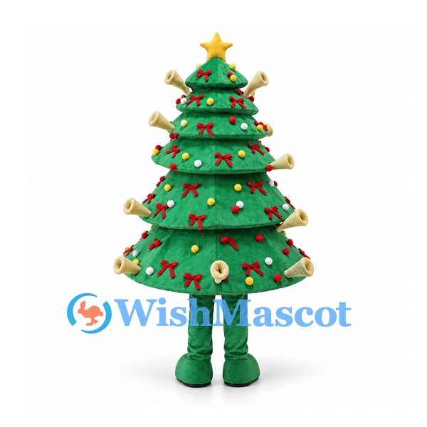 Christmas Tree Mascot Costume with Layered Branches and Red Bows