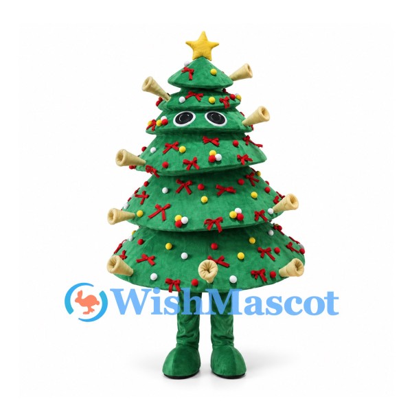 Christmas Tree Mascot Costume with Layered Branches and Red Bows