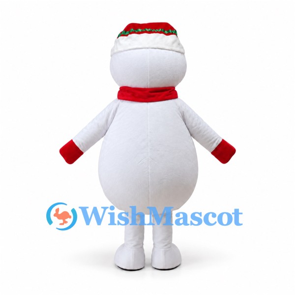 Snowman Mascot Costume with Green Heart and Red Scarf