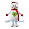 Snowman Mascot Costume with Green Heart and Red Scarf
