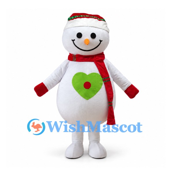 Snowman Mascot Costume with Green Heart and Red Scarf