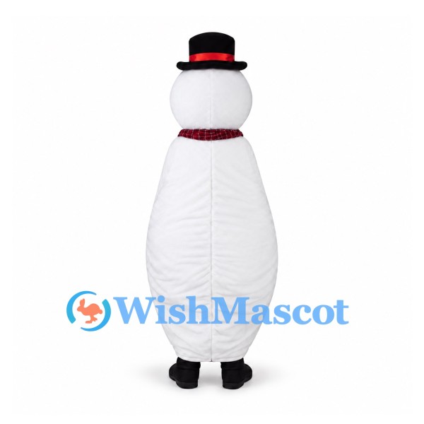 Snowman Mascot Costume with Burgundy Scarf and Black Top Hat