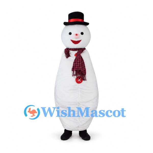 Snowman Mascot Costume with Burgundy Scarf and Black Top Hat