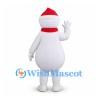 Snowman Mascot Costume with Santa Hat and Blue Buttons