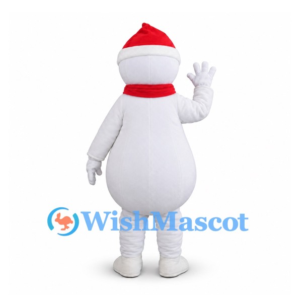 Snowman Mascot Costume with Santa Hat and Blue Buttons