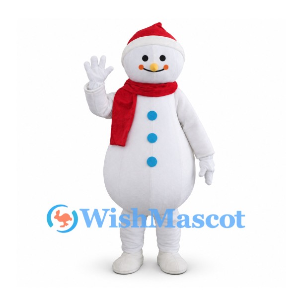 Snowman Mascot Costume with Santa Hat and Blue Buttons