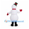 Snowman Mascot Costume with Green Top Hat and Red Mittens