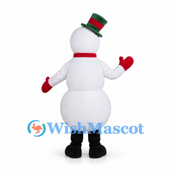 Snowman Mascot Costume with Green Top Hat and Red Mittens