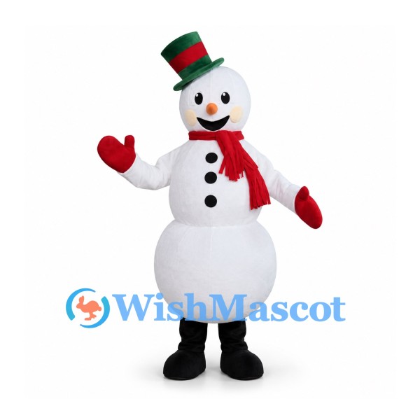 Snowman Mascot Costume with Green Top Hat and Red Mittens