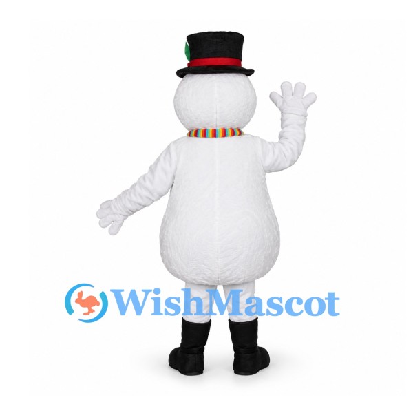 Snowman Mascot Costume with Striped Scarf and Black Boots