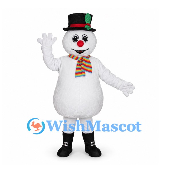 Snowman Mascot Costume with Striped Scarf and Black Boots