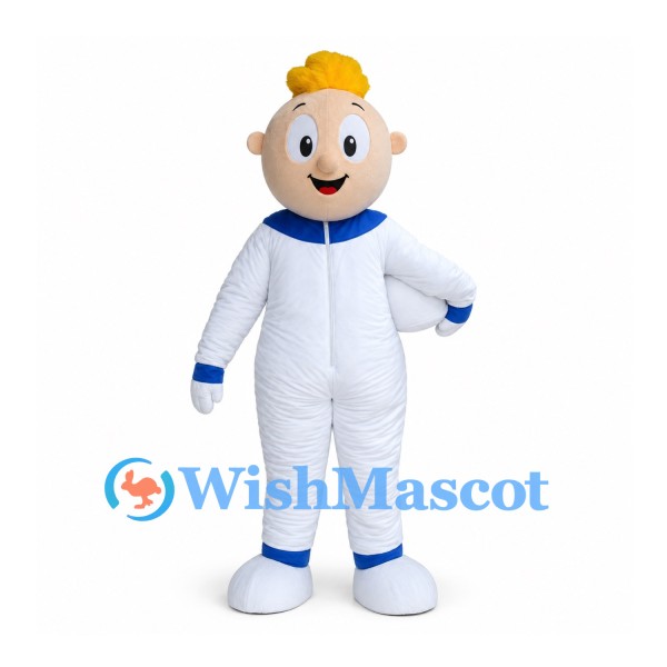 Boy Mascot Costume with White Jumpsuit and Blue Trim