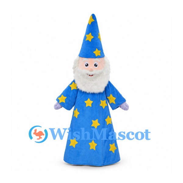 Wizard Mascot Costume with Blue Star Robe and Pointed Hat