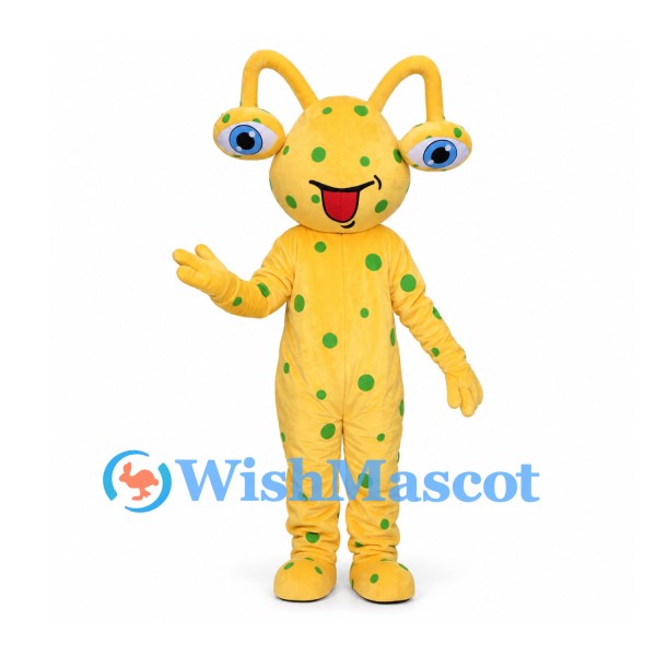 Yellow Alien Mascot Costume with Green Spots and Stalk Eyes