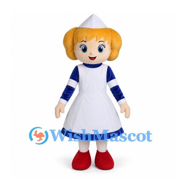 Girl Mascot Costume with White Apron and Blue Dress
