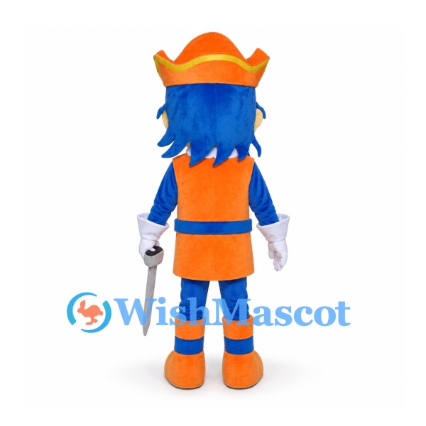 Pirate Mascot Costume with Orange Hat and Blue Hair