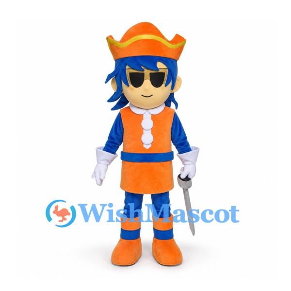 Pirate Mascot Costume with Orange Hat and Blue Hair