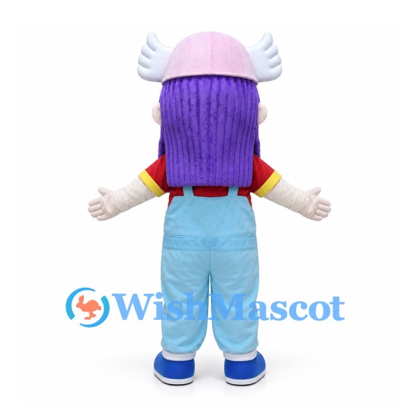 Girl Mascot Costume with Purple Hair and Blue Overalls