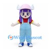 Girl Mascot Costume with Purple Hair and Blue Overalls