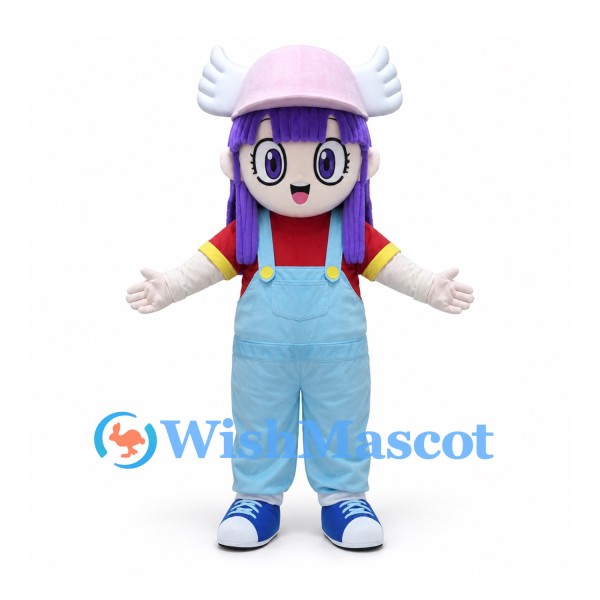 Girl Mascot Costume with Purple Hair and Blue Overalls