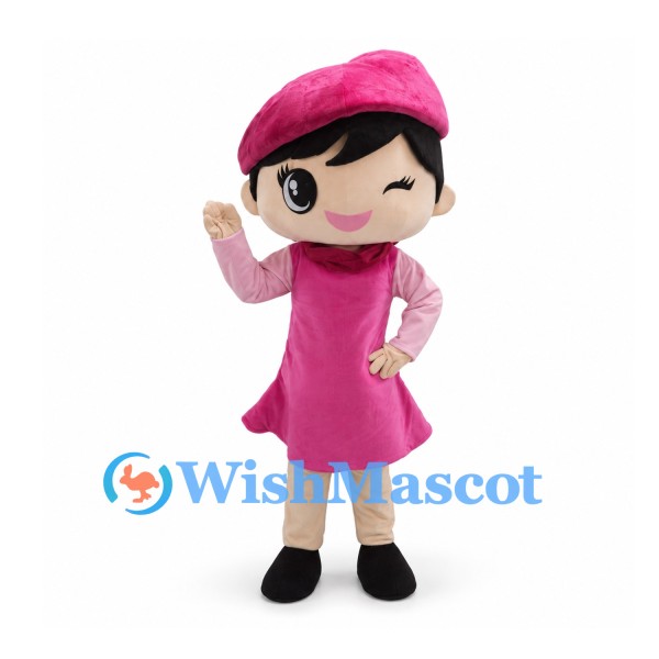Girl Mascot Costume with Pink Beret and Dress