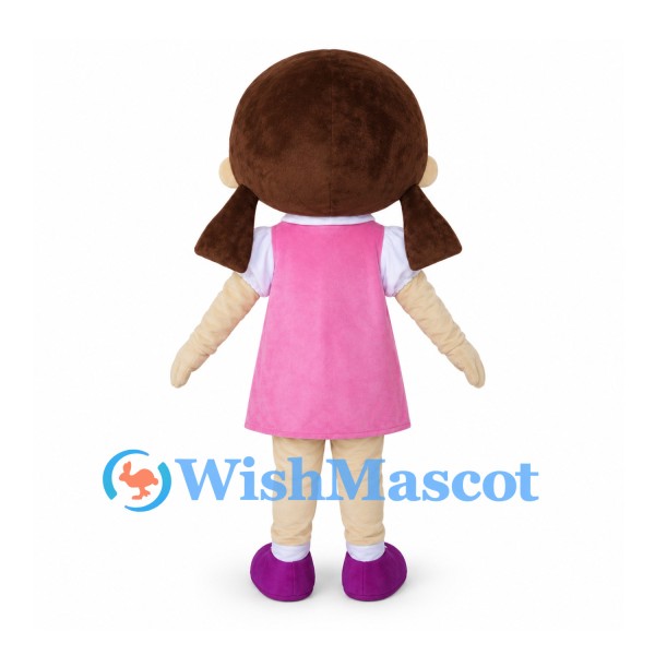 Girl Mascot Costume with Brown Pigtails and Pink Dress