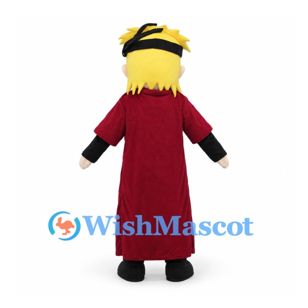 Ninja Mascot Costume with Yellow Hair and Burgundy Coat
