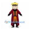 Ninja Mascot Costume with Yellow Hair and Burgundy Coat