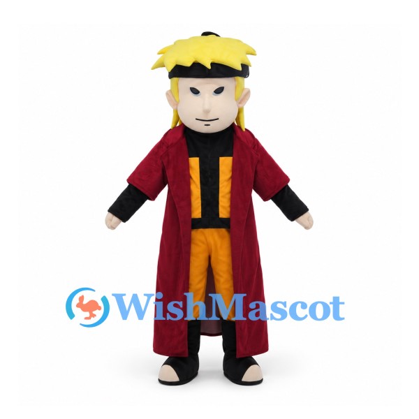 Ninja Mascot Costume with Yellow Hair and Burgundy Coat