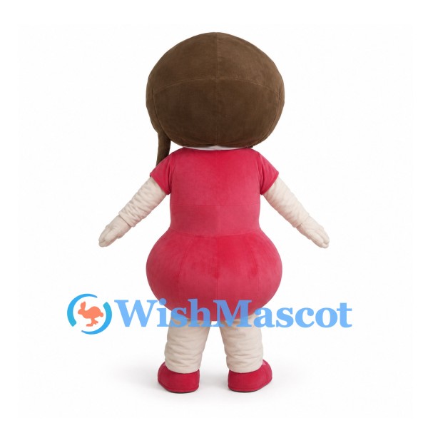 Girl Mascot Costume with Brown Bob Hair and Red Dress