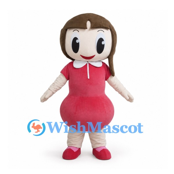 Girl Mascot Costume with Brown Bob Hair and Red Dress