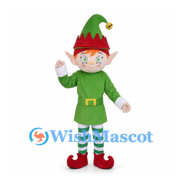 Christmas Elf Mascot Costume with Green Tunic and Pointed Hat