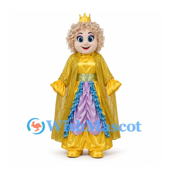 Queen Mascot Costume with Gold Crown and Layered Gown