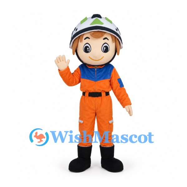 Astronaut Mascot Costume with Orange Jumpsuit and White Helmet