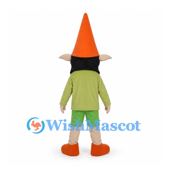 Elf Mascot Costume with Orange Cone Hat and Green Outfit