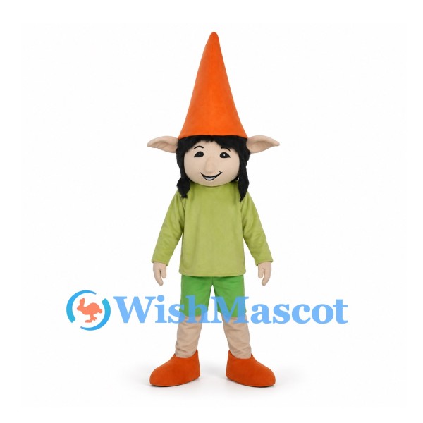 Elf Mascot Costume with Orange Cone Hat and Green Outfit