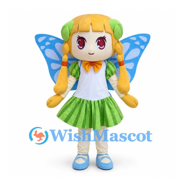 Fairy Mascot Costume with Blue Butterfly Wings and Green Skirt