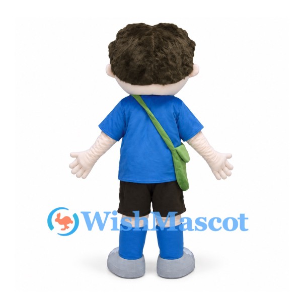 Boy Mascot Costume with Curly Brown Hair and Green Shoulder Bag