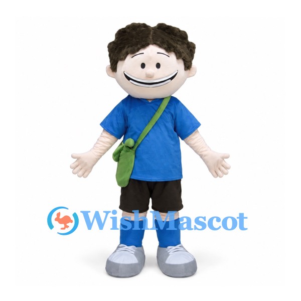 Boy Mascot Costume with Curly Brown Hair and Green Shoulder Bag