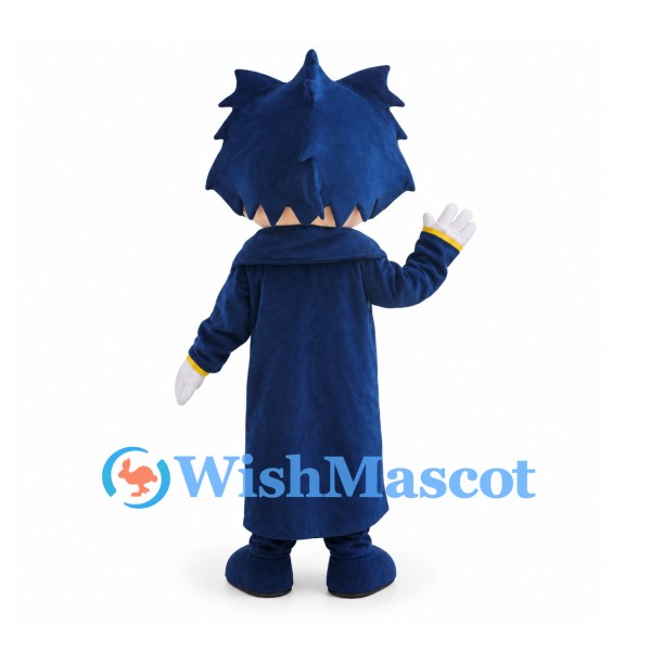 Wizard Mascot Costume with Navy Robe and Spiky Blue Hair