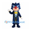Wizard Mascot Costume with Navy Robe and Spiky Blue Hair