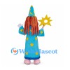 Wizard Mascot Costume with Blue Star Robe and Orange Hair